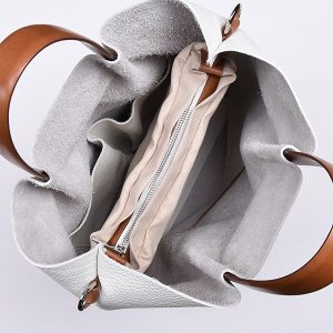 Manual ženska kožna torba 5934 – bucket sa vezicom, bela ili ljubičasta