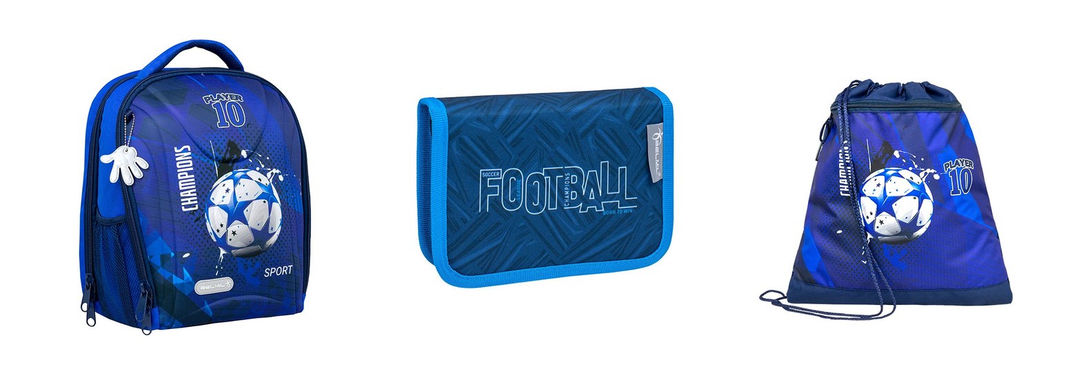 Komplet u istom dezenu: Belmil ranac 338-82 Football Champions, prazna pernica 335-72 i torba za fizičko 336-91