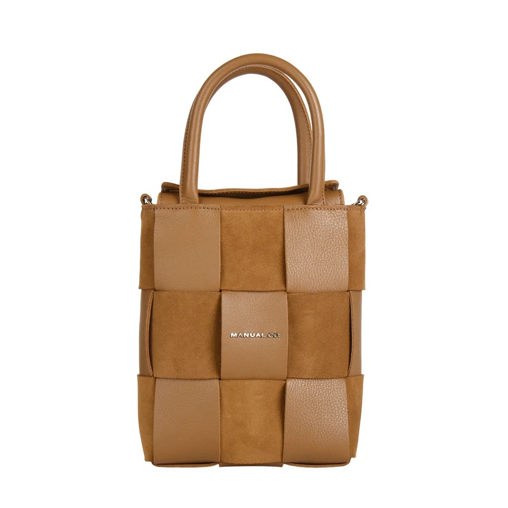 Manual ženska kožna torba 56229 – mini tote od pletene kože, oker ili krem