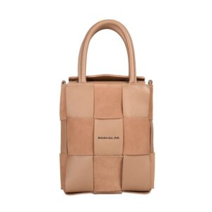 Manual ženska kožna torba 56229 – mini tote od pletene kože, oker ili krem