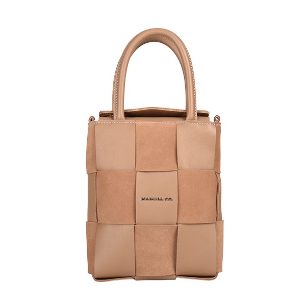 Manual ženska kožna torba 56229 – mini tote od pletene kože, oker ili krem