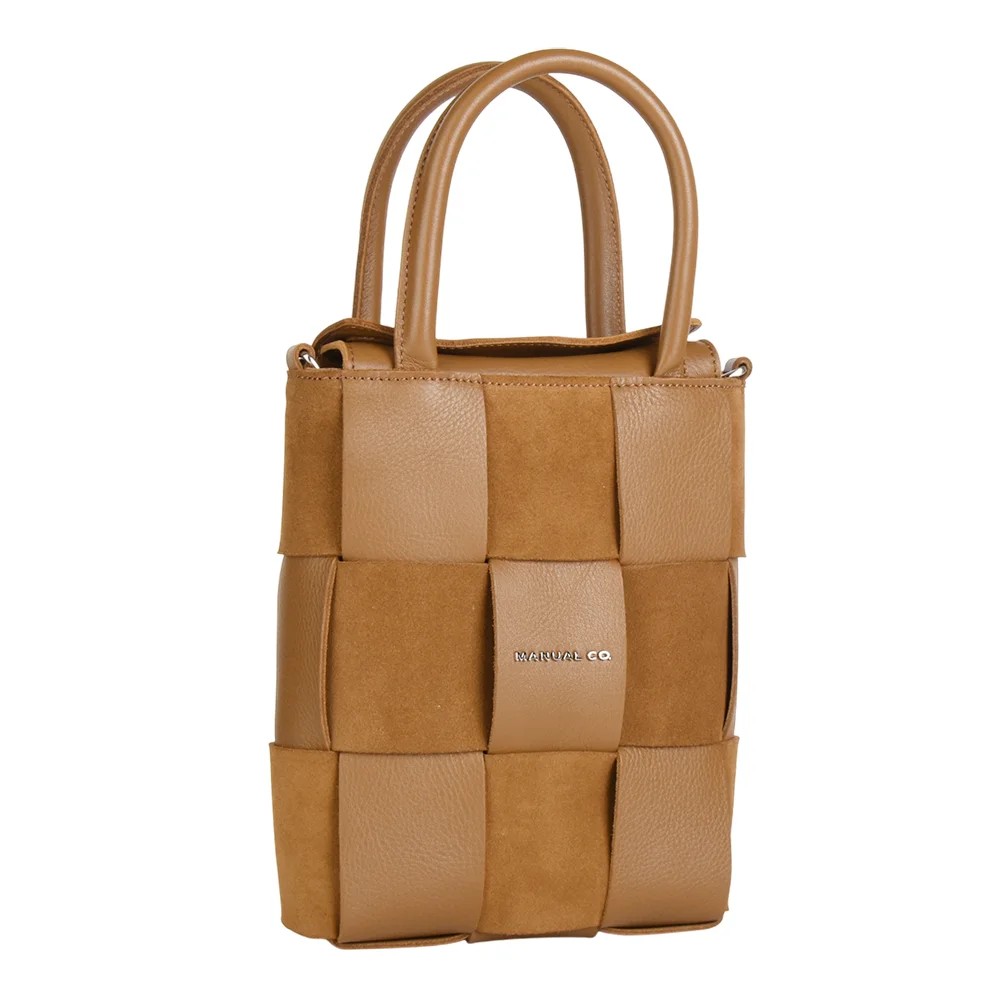 Manual ženska kožna torba 56229 – mini tote od pletene kože, oker ili krem