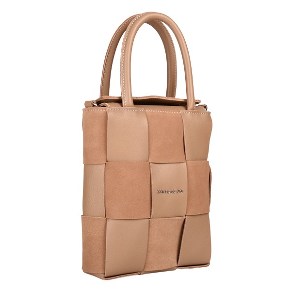 Manual ženska kožna torba 56229 – mini tote od pletene kože, oker ili krem